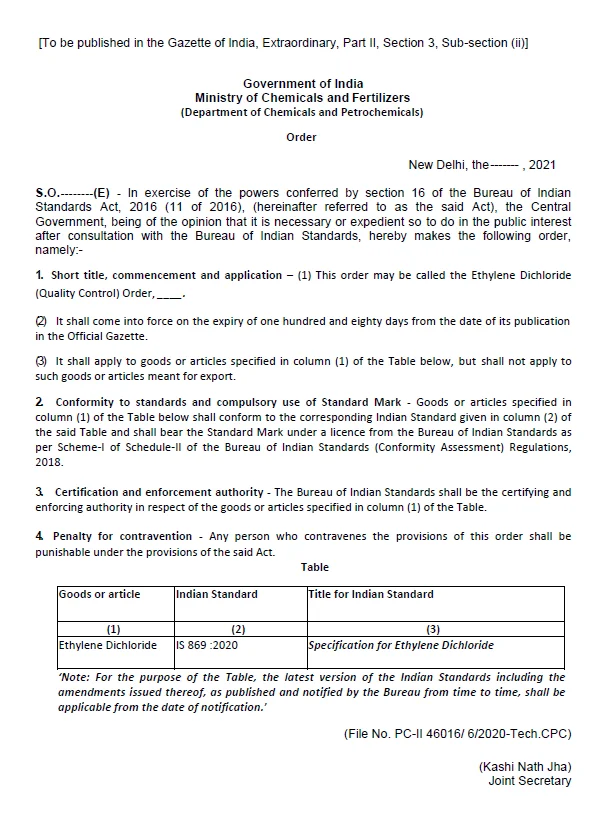 qco for Ethylene Dichloride